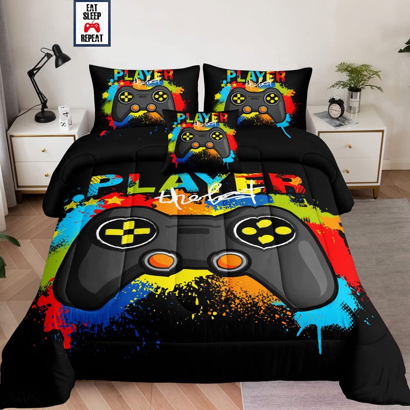 lris Bedding 6 Pieces Bed in a Bag for Gaming Bedding Set,Boys Gamer Comforter Set with Flat Sheet,Fitted Sheet,Pillowcases,Cushion Cover,Game Console Pattern Bed Set for Kids Boys Room Decor - Image 1